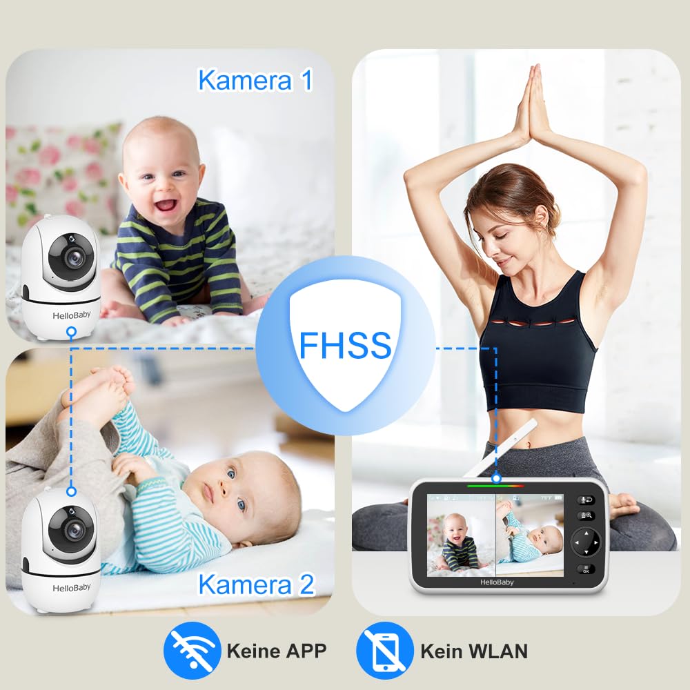 HelloBaby Babyphone mit Kamera, 3500 mAh Akku mit 5 Zoll Bildschirm, 355° Schwenken-120° Neige-Zoomen, Babyfone ohne WLAN, 2 Wege Audio, Temperatur, 8 Schlaflieder, Nachtsicht