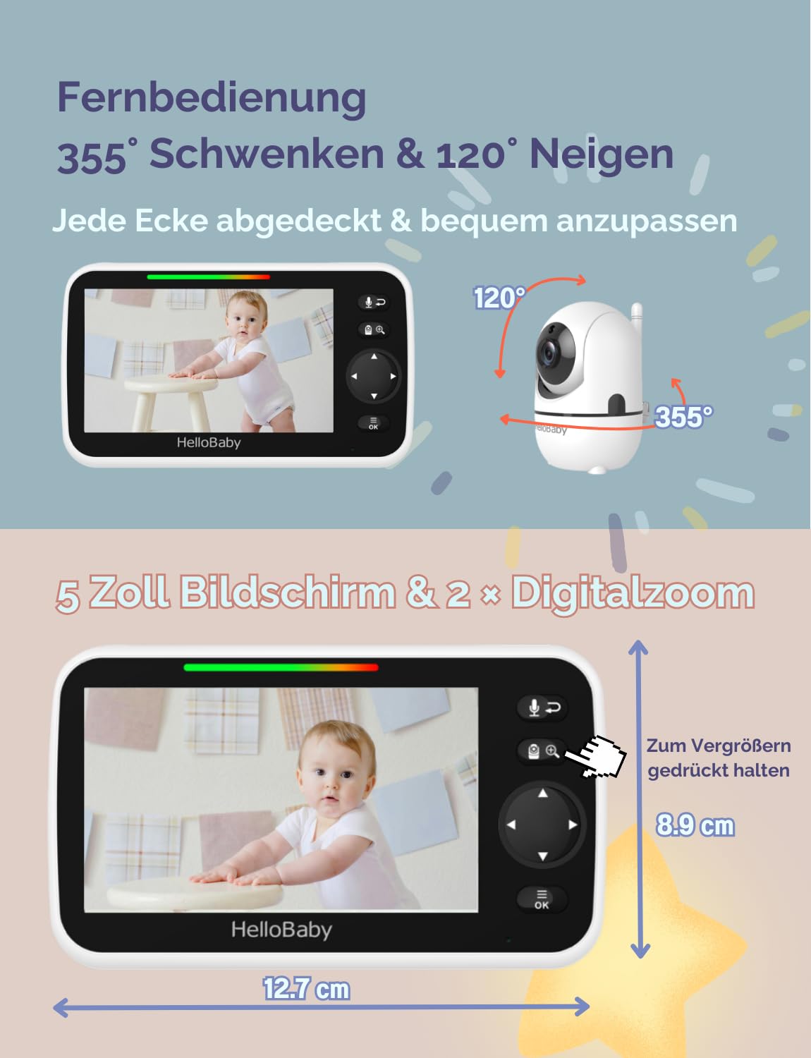 HelloBaby Babyphone mit Kamera, 3500 mAh Akku mit 5 Zoll Bildschirm, 355° Schwenken-120° Neige-Zoomen, Babyfone ohne WLAN, 2 Wege Audio, Temperatur, 8 Schlaflieder, Nachtsicht