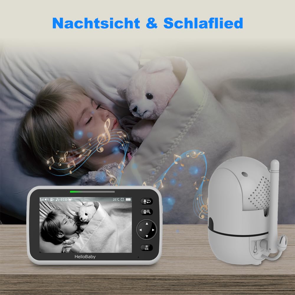 HelloBaby Babyphone mit Kamera, 3500 mAh Akku mit 5 Zoll Bildschirm, 355° Schwenken-120° Neige-Zoomen, Babyfone ohne WLAN, 2 Wege Audio, Temperatur, 8 Schlaflieder, Nachtsicht