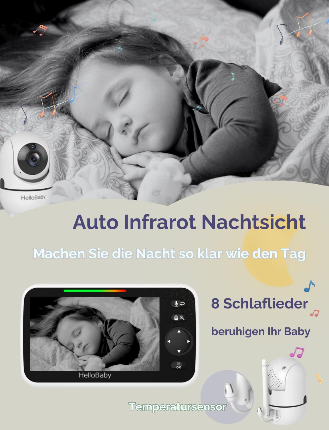 HelloBaby Babyphone mit Kamera, 3500 mAh Akku mit 5 Zoll Bildschirm, 355° Schwenken-120° Neige-Zoomen, Babyfone ohne WLAN, 2 Wege Audio, Temperatur, 8 Schlaflieder, Nachtsicht