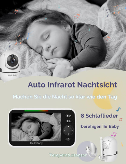 HelloBaby Babyphone mit Kamera, 3500 mAh Akku mit 5 Zoll Bildschirm, 355° Schwenken-120° Neige-Zoomen, Babyfone ohne WLAN, 2 Wege Audio, Temperatur, 8 Schlaflieder, Nachtsicht