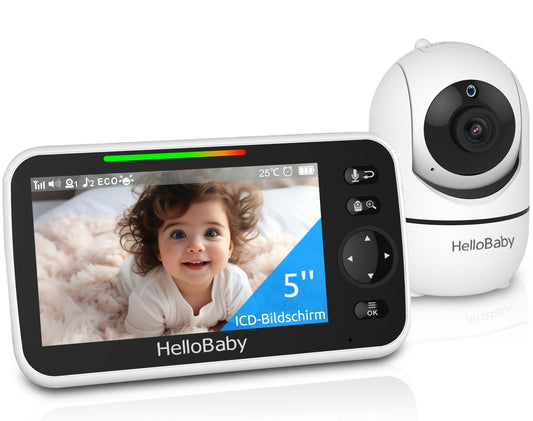 HelloBaby Babyphone mit Kamera, 3500 mAh Akku mit 5 Zoll Bildschirm, 355° Schwenken-120° Neige-Zoomen, Babyfone ohne WLAN, 2 Wege Audio, Temperatur, 8 Schlaflieder, Nachtsicht